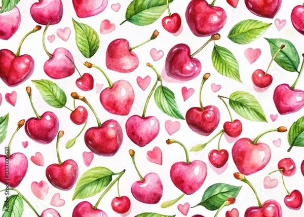Fototapeta Romantic Watercolor Cherry & Heart Valentine's Day Pattern - Macro Photography