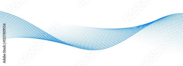 Fototapeta Blue dotted wave line pattern. Light halftone undulate net background. Abstract air flowing particle wallpaper. Vector curve dashed gradient element for poser, banner, presentation, booklet, flyer