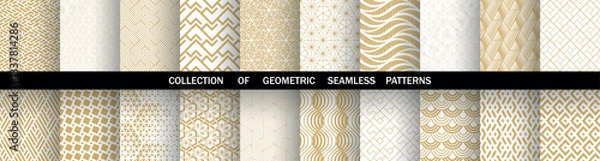 Fototapeta Geometric set of seamless black and golden patterns. Simple vector graphics