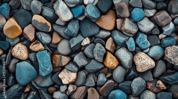 Fototapeta Colorful, varied pebbles cover the ground.  Close-up view of diverse shapes and colors