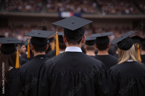 Fototapeta man in a graduation cap and gown standing in front of a large group of graduates