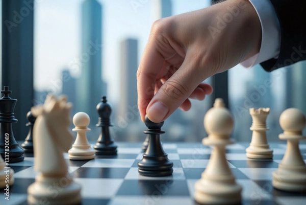 Obraz man in a suit playing chess on a chess board