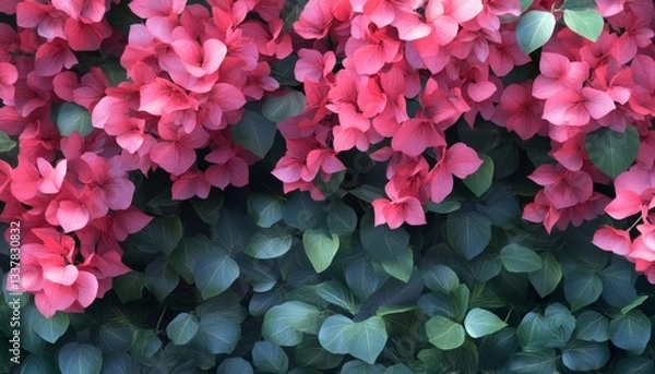 Fototapeta Vivid pink bougainvillea blooms and lush green foliage
