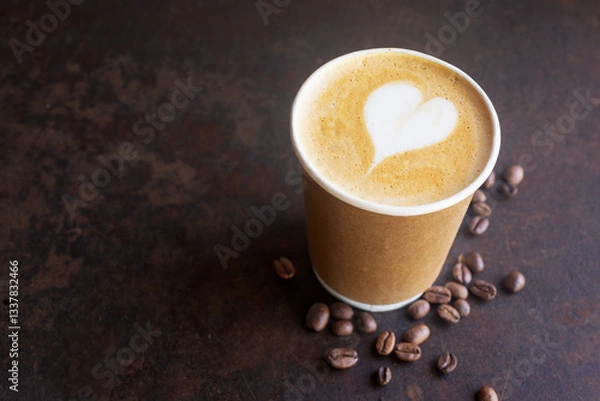 Fototapeta hot latte coffee in takeaway paper coffee cup, ready to go coffee on brow rustic table.