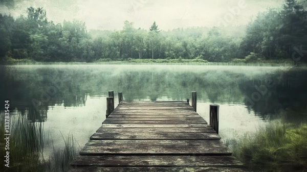 Fototapeta Misty lake dock, serene forest background, calm