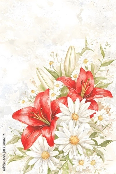 Fototapeta Watercolor Painting of Red Lilies and White Daisies Floral Bouquet Arrangement