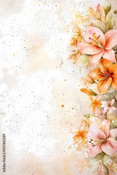 Obraz Elegant Watercolor Lilies Floral Background Design Peach and Orange Blossoms Artistic Painting