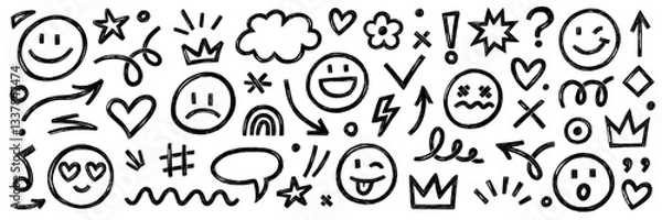 Fototapeta Smile brush hand drawn vector element set. Emoji fun face, heart, crown symbol crayon texture marker background kid sketch style hand drawn element. Color smiley face, arrow. Vector illustration