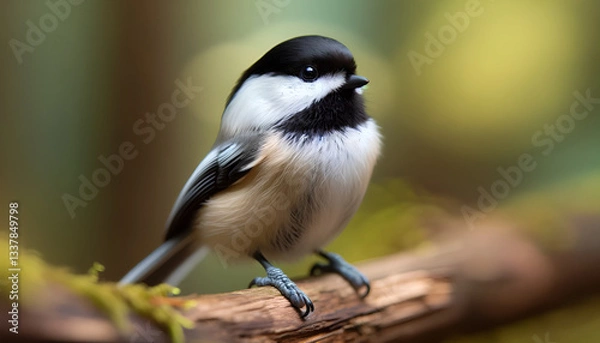 Fototapeta Close-up of a Chickadee Perched on a Branch in Nature.AI Generated