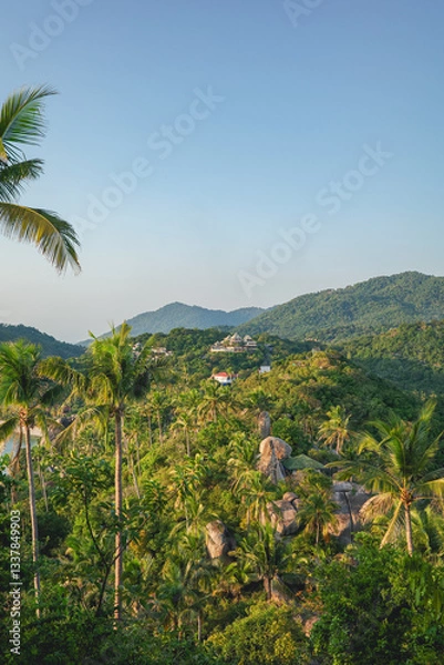 Fototapeta A beautiful scenery over the mountains from John-Suwan Viewpoint in Koh Tao, Thailand. A fertile island that full of coconut and palm trees, resort and homestay are growing on the hills
