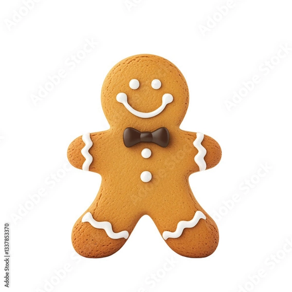 Fototapeta Smiling Gingerbread Man Cookie with White Icing and Bowtie.