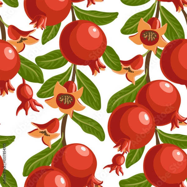 Fototapeta seamless pattern with pomegranate, vector drawing garden tree branches with fruits, flowers and green leaves at white background, hand drawn illustration