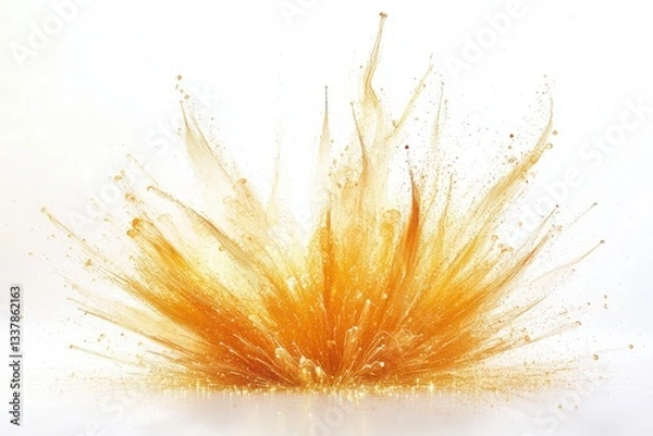 Fototapeta Golden liquid explosion with droplets and streaks against a white background emanating from center