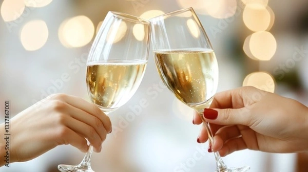 Fototapeta Two hands clink glasses of sparkling wine together joyfully