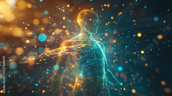 Fototapeta Futuristic digital visualization of human metabolism with glowing micronutrient streams and energy pulses in vibrant colors  
