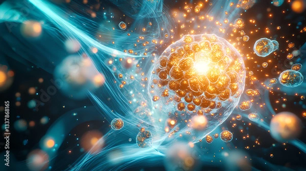 Fototapeta Futuristic digital visualization of human metabolism with glowing micronutrient streams and energy pulses in vibrant colors  
