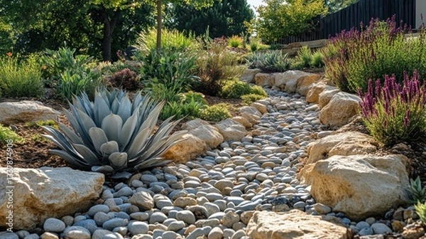 Fototapeta Serene Garden Dry Creek Bed Landscape Design with  Agave Plant and Rocks
