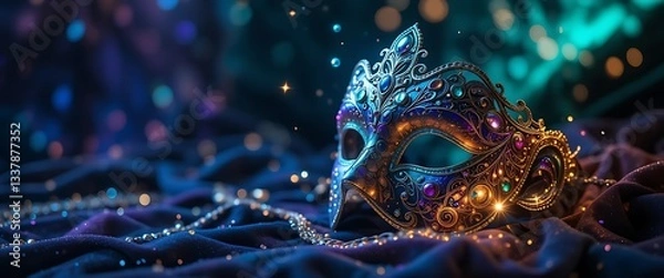Fototapeta Elegant Venetian Masquerade Mask on Dark Fabric