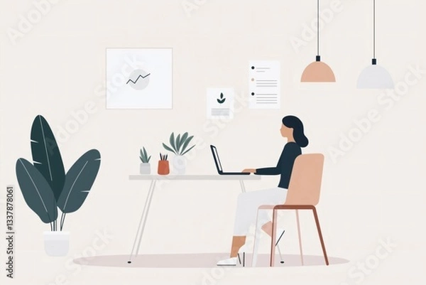 Fototapeta A woman sits at a minimalist desk focused on her laptop, surrounded by plants and wall art in a well-lit workspace. The setting promotes productivity and creativity