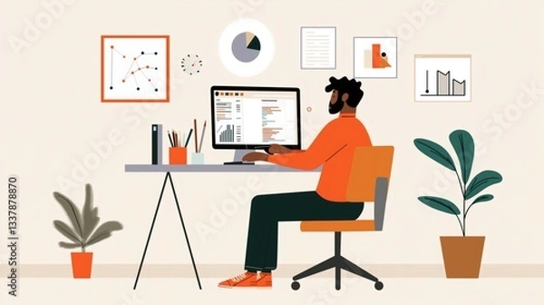 Fototapeta Individual focused on improving professional abilities by studying on a computer, surrounded by plants and a neatly organized workspace, during daylight hours