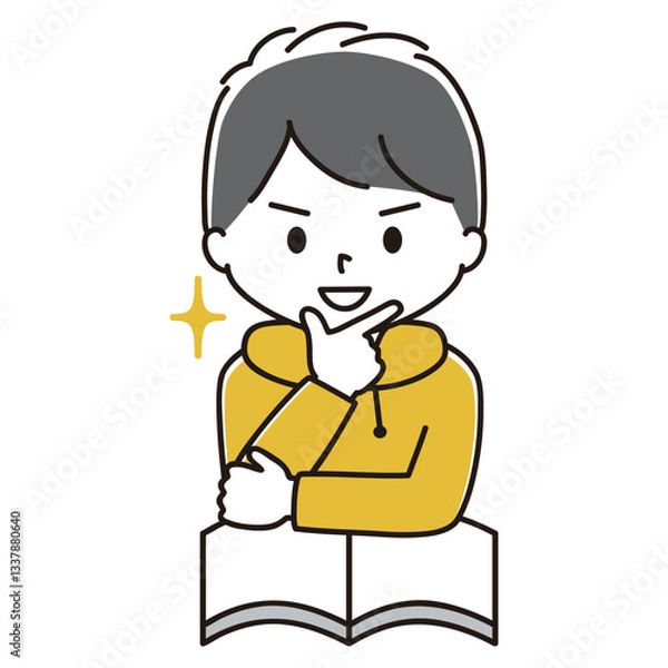 Fototapeta 本を読む男の子のイラスト　決めポーズ　黒髪