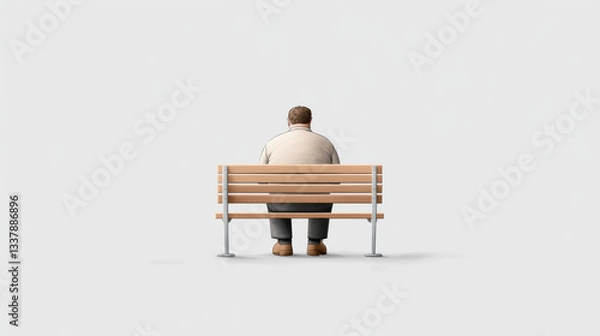 Fototapeta Man sitting on bench, reflecting on life, showcasing obesity and solitude in minimalist setting. moment of contemplation