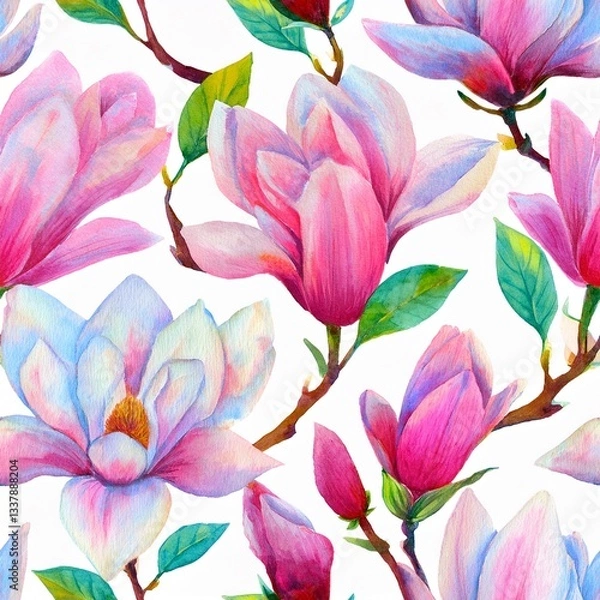 Fototapeta Watercolor seamless pattern with magnolia flowers. 