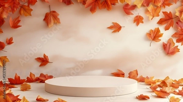 Fototapeta Autumnal Display: Elegant Beige Podium with Scattered Maple Leaves