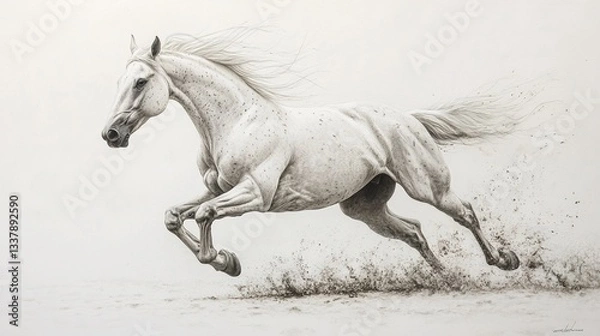 Fototapeta A white horse races forward, hooves lifted off the ground, its mane cascading through the air, every detail crisp and clear against a seamless white background 