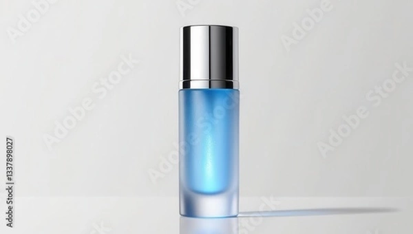 Fototapeta A sleek, modern blue cosmetic bottle with a silver cap, set against a minimalistic background, suggesting elegance and cleanliness.