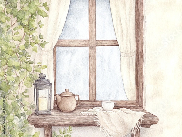 Obraz Rustic Windowsill Scene: A Watercolor Painting