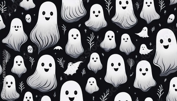 Obraz Halloween modern ghost cartoon seamless pattern illustration. Black and white October holiday