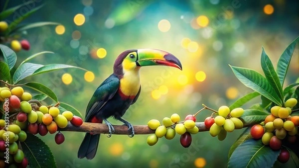 Fototapeta Vibrant Toucan on Branch with Ripe Fruit, Double Exposure Bokeh Background Stock Photo