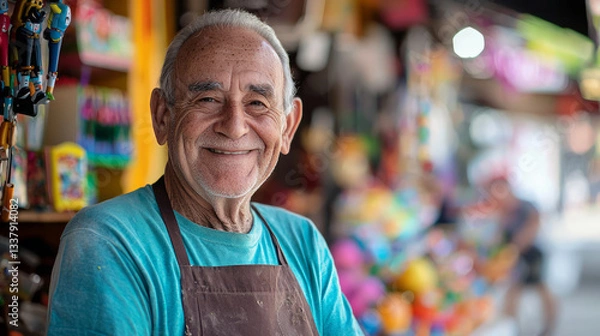 Fototapeta A portrait of an elderly man wearing a t-shirt and apron, smiling at the camera