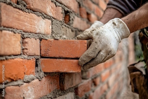 Obraz Hands Carefully Placing Bricks into a Wall