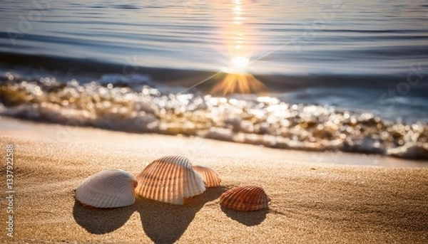 Fototapeta seashells lying on sandy beach with sunlight reflections in water background creating a tranquil coastal scene