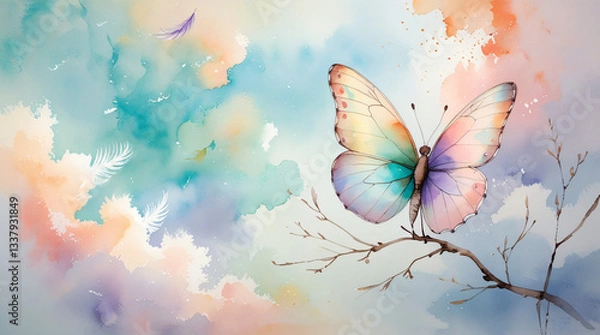 Fototapeta A serene watercolor butterfly perches on a wispy branch, its delicate wings a kaleidoscope of soft pastel hues - pale peach, lavender, and mint 