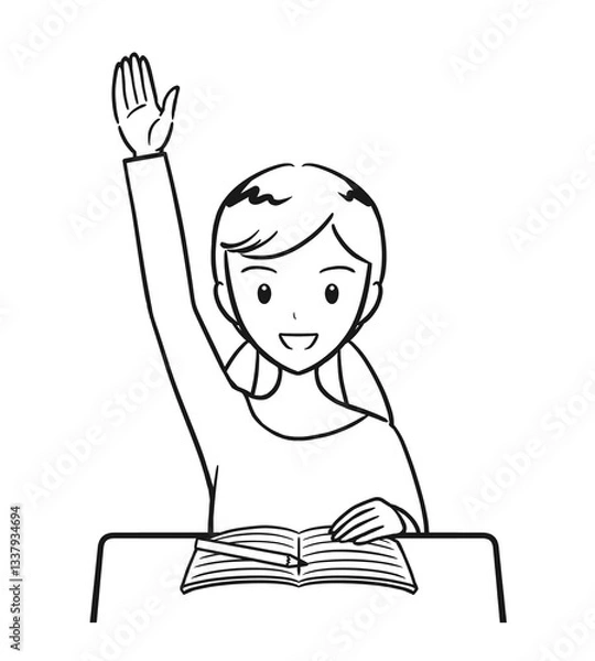 Fototapeta 授業中に積極的に手を挙げる小学生の女の子（線画）