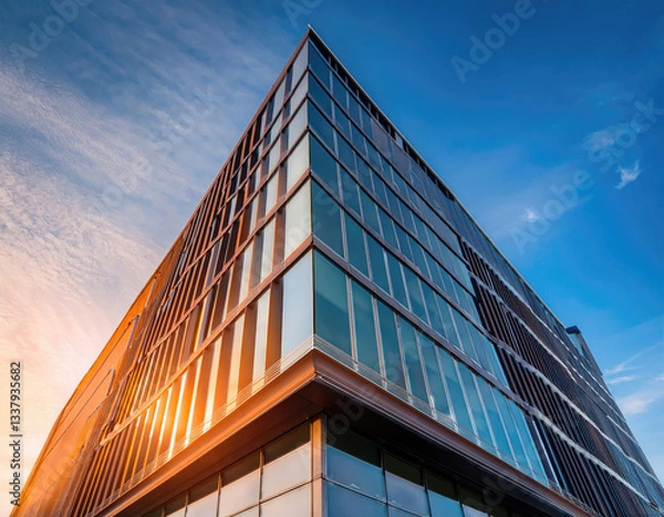 Fototapeta Modern Architectural Marvel: A modern building stands against a vibrant blue sky, showcasing clean lines, minimalist design, and a sense of sophistication. The sun casts warm light on the facade. 