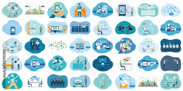 Obraz set vector illustration design concept. business cartoon character activity. social network, and online video meetings. smart city. development team working. real estate investment. digital marketing.