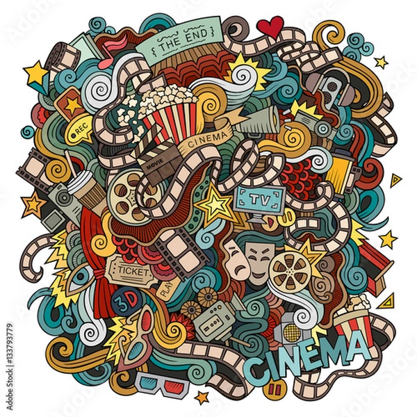 Fototapeta Cartoon cute doodles hand drawn Cinema illustration