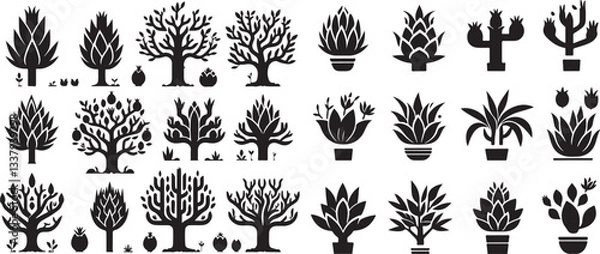 Fototapeta Tree colletction vector set of floral and plant illustrations with tree, leaves, and branches in a nature-inspired design, perfect for decoration, pattern, and symbol elements representing 