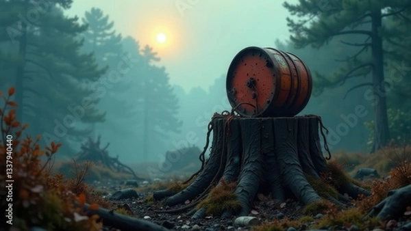 Fototapeta An aged, rusty metal drum rests atop a weathered tree stump in a misty forest at sunrise, hinting at forgotten stories and the passage of time.