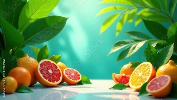 Fototapeta Vibrant Citrus Fruits and Lush Green Foliage Create a Refreshing Summer Still Life Composition