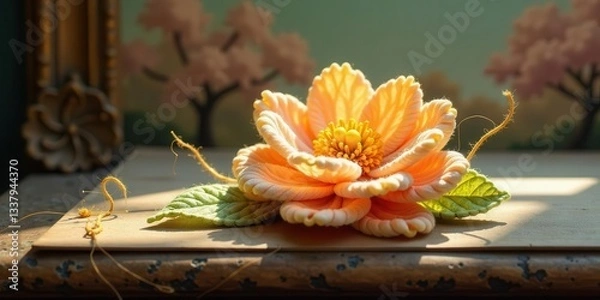 Fototapeta A delicately crafted textile blossom, showcasing peachy hues and intricate detailing, rests on a weathered surface, bathed in warm sunlight