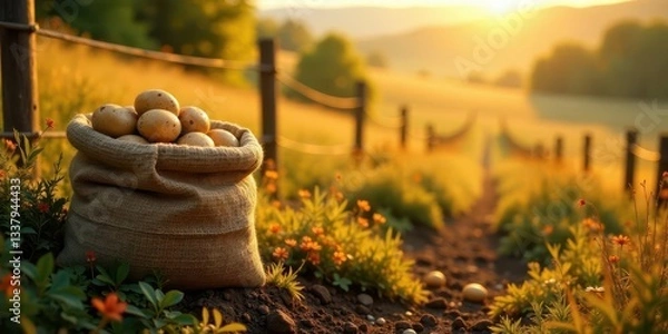 Fototapeta Golden Hour Harvest A Burlap Sack Overflowing with Freshly Dug Potatoes Rests by a Rustic Fence in a Sun-Drenched Meadow