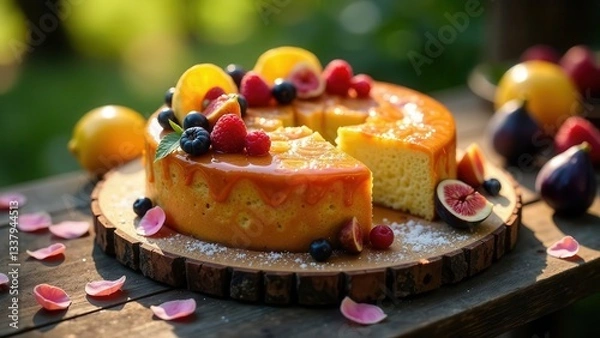 Fototapeta Delicious Caramel Cake Topped with Fresh Berries and Citrus Slices, Served on Rustic Wooden Board