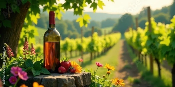 Fototapeta A bottle of wine rests on a stone, surrounded by vibrant wildflowers and ripe strawberries, with a sunlit vineyard in the soft-focus background.