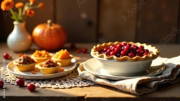 Fototapeta Warm autumnal sunlight illuminates a rustic table setting featuring a delectable cranberry pie and miniature pumpkin and pecan tarts