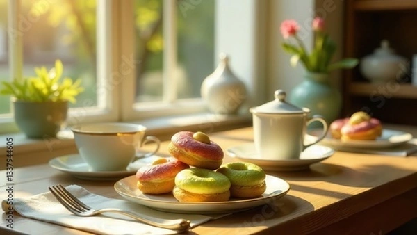 Fototapeta A delightful morning tea setting bathed in warm sunlight, featuring pastel-colored pastries and a delicate porcelain teacup